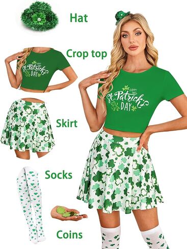 أزياء النساء عيد القديس باتريك 5 قطعة ملابس مجموعة تنورة المحاصيل مع الجوارب ، عقال القبعة ، ملابس تأثيري عملة محظوظ in Kuwait