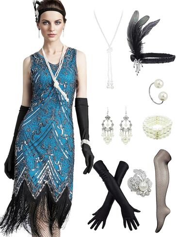 LELOVEFU Women's Flapper Dresses 1920s Vintage Sleeveless Sequin Fringe Midi Dresses w/Accessories set in Kuwait
