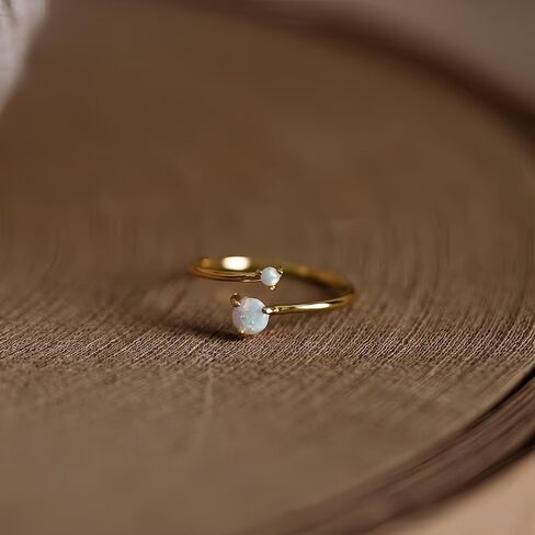 خاتم أوبال قابل للتعديل - خاتم تراص من الفضة الإسترلينية 925 مزدوج العقيق البسيط، مجوهرات أحجار كريمة أوبال أنيقة للنساء، هدية مثالية للخطوبة/عيد الميلاد/الذكرى السنوية in Kuwait