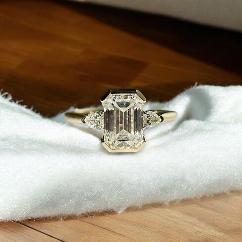 3 CT Emerald Cut Moissanite Engagement Ring in 14K Gold, Three Stone Bezel Set Wedding Band for Her, Bridal Jewelry Statement Gift, Durable Sparkling Moissanite jewelry in Saudi Arabia