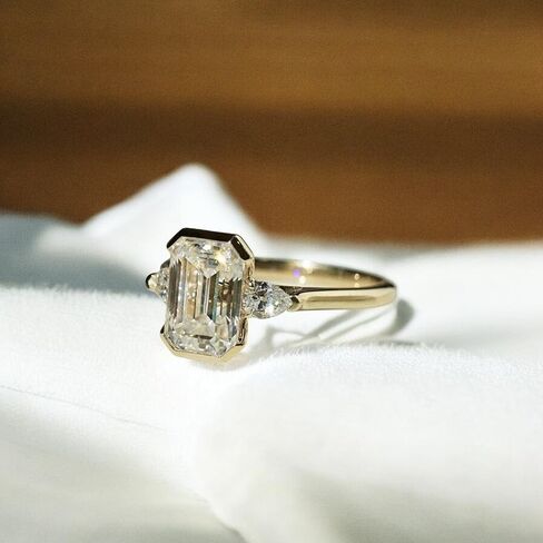 3 CT Emerald Cut Moissanite Engagement Ring in 14K Gold, Three Stone Bezel Set Wedding Band for Her, Bridal Jewelry Statement Gift, Durable Sparkling Moissanite jewelry in Saudi Arabia