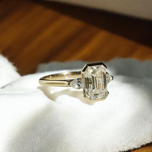 3 CT Emerald Cut Moissanite Engagement Ring in 14K Gold, Three Stone Bezel Set Wedding Band for Her, Bridal Jewelry Statement Gift, Durable Sparkling Moissanite jewelry in Saudi Arabia