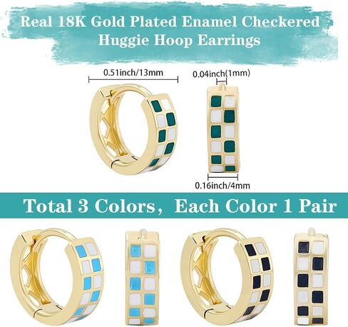 Beebeecraft 3 Pairs 3 Colors Checkered Hoop Earrings Small Multicolor White Black Green Blue 18K Gold Plated Brass Enamel Chessboard Round Circle Huggie Earrings for Women Jewelry Gift in Saudi Arabia