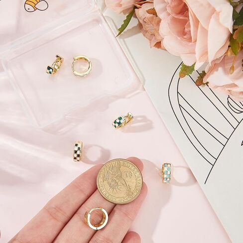 Beebeecraft 3 Pairs 3 Colors Checkered Hoop Earrings Small Multicolor White Black Green Blue 18K Gold Plated Brass Enamel Chessboard Round Circle Huggie Earrings for Women Jewelry Gift in Saudi Arabia
