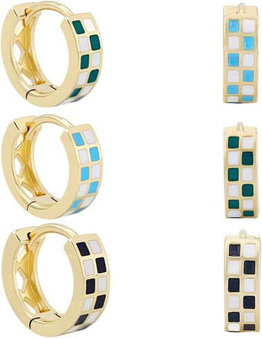 Beebeecraft 3 Pairs 3 Colors Checkered Hoop Earrings Small Multicolor White Black Green Blue 18K Gold Plated Brass Enamel Chessboard Round Circle Huggie Earrings for Women Jewelry Gift in Saudi Arabia