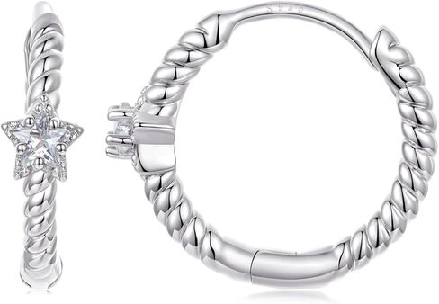 WOSTU Silver Gold Star Hoop Earrings for Women 925 Sterling Silver Plated Twisted Small Hoops Light Blue Star Cubic Zirconia Hypoallergenic Dainty Everyday Earring in Kuwait