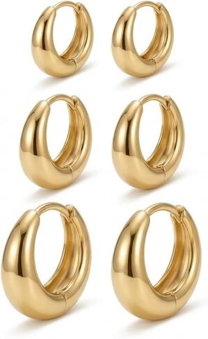 Gold Teardrop Hoop Earrings Set for Multiple Piercings Stacking, 18K Gold Plated Chunky Huggies 3 Pairs Pack, Hypoallergenic Lightweight Jewelry Gift for Women Sensitive Ears in Kuwait