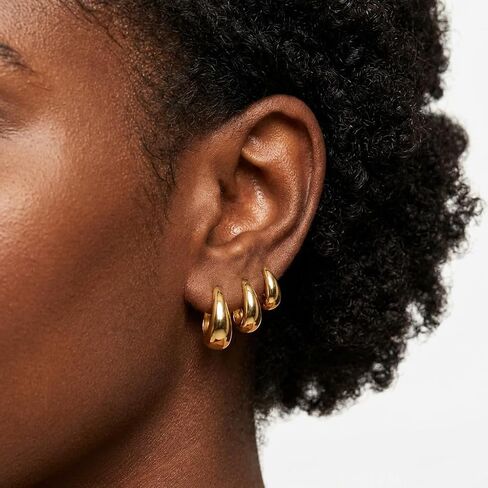 Gold Teardrop Hoop Earrings Set for Multiple Piercings Stacking, 18K Gold Plated Chunky Huggies 3 Pairs Pack, Hypoallergenic Lightweight Jewelry Gift for Women Sensitive Ears in Kuwait