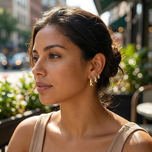 Gold Teardrop Hoop Earrings Set for Multiple Piercings Stacking, 18K Gold Plated Chunky Huggies 3 Pairs Pack, Hypoallergenic Lightweight Jewelry Gift for Women Sensitive Ears in Kuwait