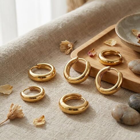 Gold Teardrop Hoop Earrings Set for Multiple Piercings Stacking, 18K Gold Plated Chunky Huggies 3 Pairs Pack, Hypoallergenic Lightweight Jewelry Gift for Women Sensitive Ears in Kuwait