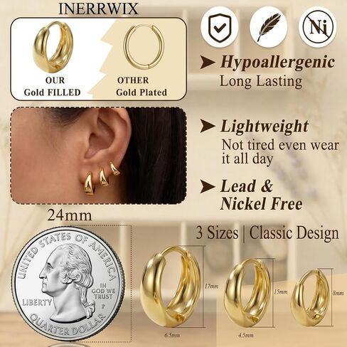 Gold Teardrop Hoop Earrings Set for Multiple Piercings Stacking, 18K Gold Plated Chunky Huggies 3 Pairs Pack, Hypoallergenic Lightweight Jewelry Gift for Women Sensitive Ears in Kuwait