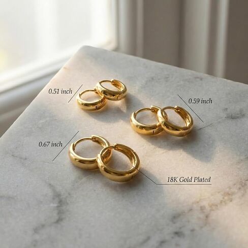 Gold Teardrop Hoop Earrings Set for Multiple Piercings Stacking, 18K Gold Plated Chunky Huggies 3 Pairs Pack, Hypoallergenic Lightweight Jewelry Gift for Women Sensitive Ears in Kuwait