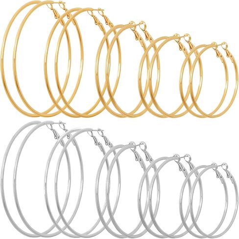 10 Pairs of Stainless Steel 14K Gold and Silver Plated Big Small Hoop Earrings Set for Women Everyday Hypoallergenic Dainty Thin Lightweight Large Dangle in Kuwait