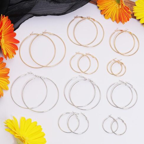10 Pairs of Stainless Steel 14K Gold and Silver Plated Big Small Hoop Earrings Set for Women Everyday Hypoallergenic Dainty Thin Lightweight Large Dangle in Kuwait