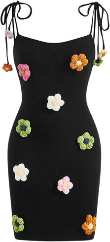 WDIRARA Women's Floral Appliques Tie Shoulder Bodycon Cami Dress Sleeveless Rib Knit Dresses in Saudi Arabia