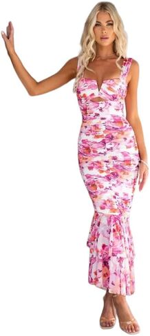 Women's Floral Sexy Sleeveless Bodycon Corset Ruched Fishtail Maxi Dress Backless Slip Long Dresses in Saudi Arabia