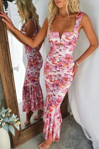 Women's Floral Sexy Sleeveless Bodycon Corset Ruched Fishtail Maxi Dress Backless Slip Long Dresses in Saudi Arabia
