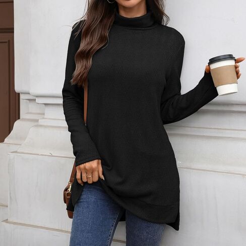 Womens Crew Neck Jacquard Knit Turtleneck Sweaters Oversized Fall Long Sleeve Side Lightweight Black Tunic Pullover in Saudi Arabia