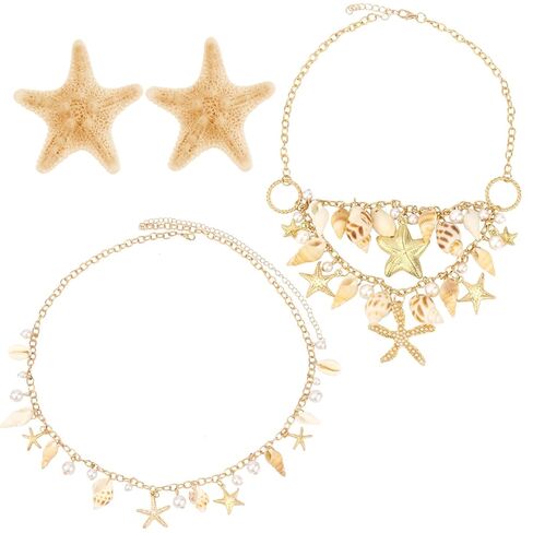Mermaid Costume Set - 2Pcs Starfish Hair Clips, 1Pcs Seashell Waist Chain Belt, 1Pcs Necklace for Women, Seashell Accessories for Mermaid Outfit Beach Dress in Kuwait