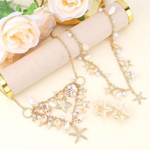 Mermaid Costume Set - 2Pcs Starfish Hair Clips, 1Pcs Seashell Waist Chain Belt, 1Pcs Necklace for Women, Seashell Accessories for Mermaid Outfit Beach Dress in Kuwait