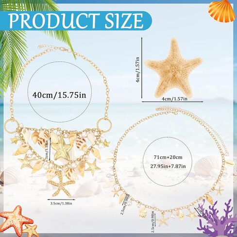 Mermaid Costume Set - 2Pcs Starfish Hair Clips, 1Pcs Seashell Waist Chain Belt, 1Pcs Necklace for Women, Seashell Accessories for Mermaid Outfit Beach Dress in Kuwait