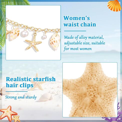 Mermaid Costume Set - 2Pcs Starfish Hair Clips, 1Pcs Seashell Waist Chain Belt, 1Pcs Necklace for Women, Seashell Accessories for Mermaid Outfit Beach Dress in Kuwait