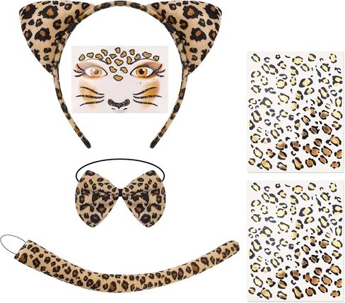 6 Pcs Leopard Costume Set Cheetahs Ears Headband Tail Bow Tie Face Stickers Tattoos Set Leopard Cat Costume Animal Ears Headband for Women Halloween Cosplay Accessories in Kuwait