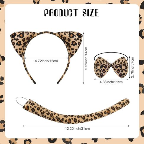 6 Pcs Leopard Costume Set Cheetahs Ears Headband Tail Bow Tie Face Stickers Tattoos Set Leopard Cat Costume Animal Ears Headband for Women Halloween Cosplay Accessories in Kuwait