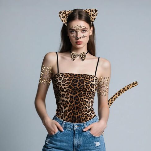 6 Pcs Leopard Costume Set Cheetahs Ears Headband Tail Bow Tie Face Stickers Tattoos Set Leopard Cat Costume Animal Ears Headband for Women Halloween Cosplay Accessories in Kuwait