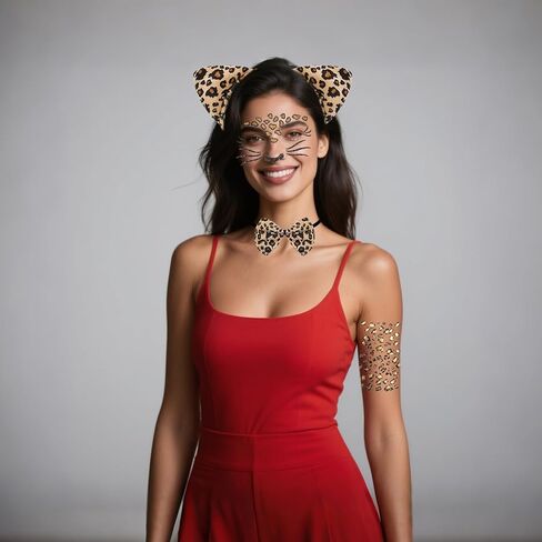 6 Pcs Leopard Costume Set Cheetahs Ears Headband Tail Bow Tie Face Stickers Tattoos Set Leopard Cat Costume Animal Ears Headband for Women Halloween Cosplay Accessories in Kuwait