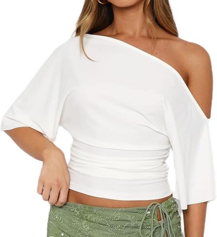 Women Off The Shoulder Tops Y2K Striped Short Sleeve Oversized T-Shirt Dolman Ruched Tees Summer Going Out Shirt in Kuwait