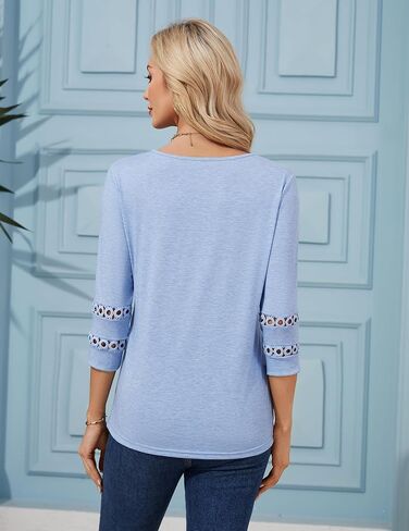 Womens Tops 3/4 Sleeve Petite Dressy Casual Blouses Hollow Out Three Quarter Length T-Shirts in Saudi Arabia