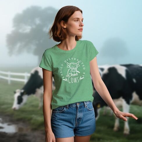 قمصان لمحبي البقر للنساء يمكن تشتيت انتباهها بسهولة بواسطة الأبقار التي شيرت Western Country Farm Life تي شيرت in Kuwait