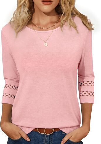 Womens Tops 3/4 Sleeve Petite Dressy Casual Blouses Hollow Out Three Quarter Length T-Shirts in Saudi Arabia