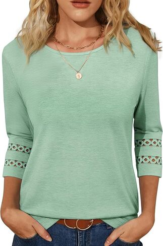 Womens Tops 3/4 Sleeve Petite Dressy Casual Blouses Hollow Out Three Quarter Length T-Shirts in Saudi Arabia