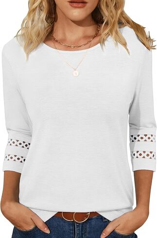 Womens Tops 3/4 Sleeve Petite Dressy Casual Blouses Hollow Out Three Quarter Length T-Shirts in Saudi Arabia