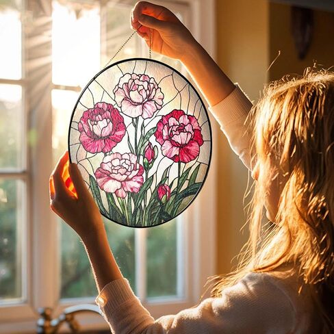 Personalized Daisy Stained Glass Suncatcher, Round Window Hanging, Custom Name Birth Month Flower Gift, for Mom in Kuwait