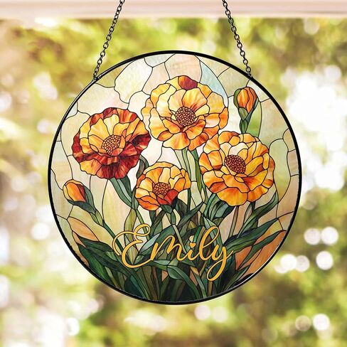 Personalized Daisy Stained Glass Suncatcher, Round Window Hanging, Custom Name Birth Month Flower Gift, for Mom in Kuwait