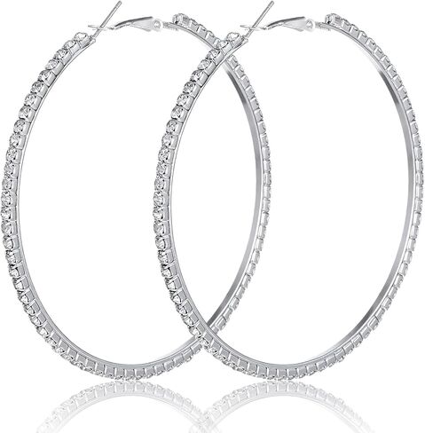 Large Silver Rhinestone Hoop Earrings for Women, 75mm Big Bling Hoop Earrings Sparkly Hoops for Prom Wedding Party in Saudi Arabia