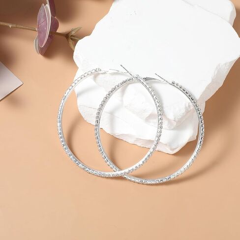 Large Silver Rhinestone Hoop Earrings for Women, 75mm Big Bling Hoop Earrings Sparkly Hoops for Prom Wedding Party in Saudi Arabia