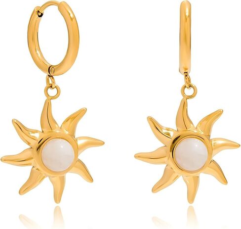 Gold Sun Hoop Earrings for Women – Dangle Sunburst Charm with Cubic Zirconia – Gold Plated Drop Earrings for Daily Wear and Gifts in Kuwait