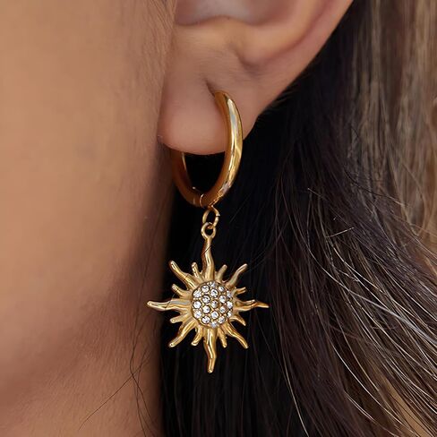 Gold Sun Hoop Earrings for Women – Dangle Sunburst Charm with Cubic Zirconia – Gold Plated Drop Earrings for Daily Wear and Gifts in Saudi Arabia