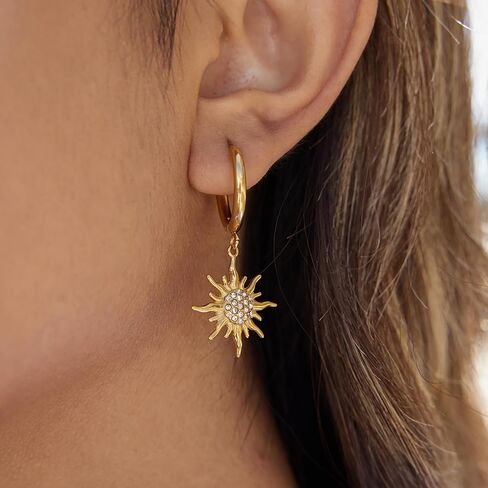Gold Sun Hoop Earrings for Women – Dangle Sunburst Charm with Cubic Zirconia – Gold Plated Drop Earrings for Daily Wear and Gifts in Saudi Arabia