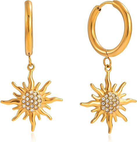 Gold Sun Hoop Earrings for Women – Dangle Sunburst Charm with Cubic Zirconia – Gold Plated Drop Earrings for Daily Wear and Gifts in Saudi Arabia