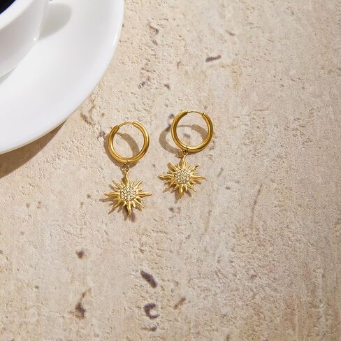 Gold Sun Hoop Earrings for Women – Dangle Sunburst Charm with Cubic Zirconia – Gold Plated Drop Earrings for Daily Wear and Gifts in Saudi Arabia