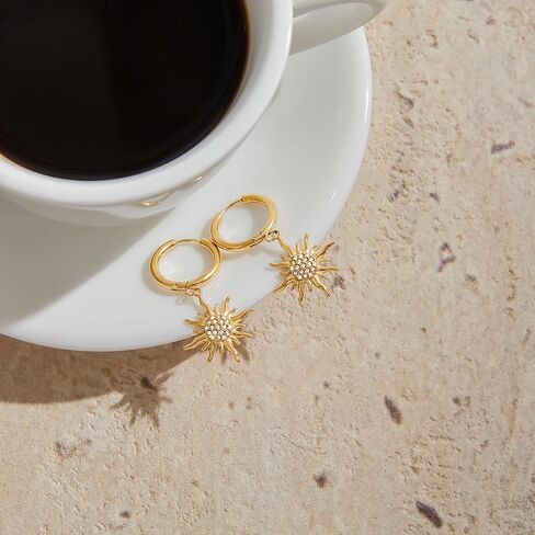 Gold Sun Hoop Earrings for Women – Dangle Sunburst Charm with Cubic Zirconia – Gold Plated Drop Earrings for Daily Wear and Gifts in Saudi Arabia