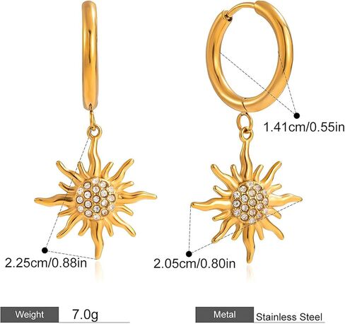 Gold Sun Hoop Earrings for Women – Dangle Sunburst Charm with Cubic Zirconia – Gold Plated Drop Earrings for Daily Wear and Gifts in Saudi Arabia