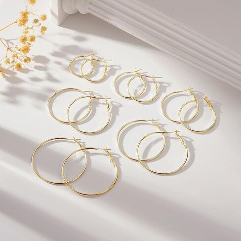 6 Pairs Hoop Earrings for Women Gold Plated & Sterling Silver Stainless Earring Set Hypoallergenic Lightweight Personalized Waterproof Dupes Trendy Jewelry Gifts for Women in Saudi Arabia