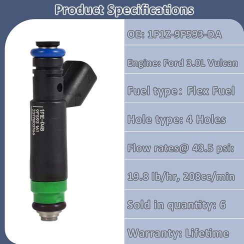 3.0L Flex Fuel Injectors,Compatible with/Ford 3.0 Ranger Taurus 2001-2006,Compatible with/Mercury Sable,Compatible with/Mazda B3000,|4 Holes| |Set of 6| |Replaces: 1F1E-D4B| in Kuwait