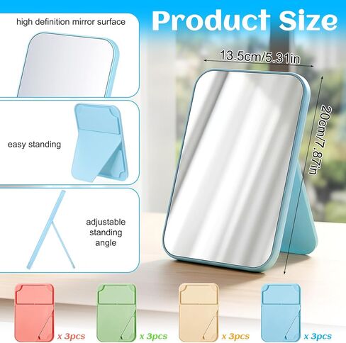 12 Pcs Desktop Makeup Mirror, 8" Vanity Table Mirror with Stand, 90°Adjustable Portable Folding Travel Mirror for Spa Party, Girl, Women, Beauty, 4 Color in Kuwait